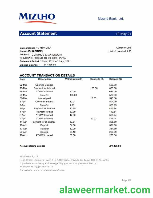 Japan Mizuho bank statement template in .xls and .pdf file format